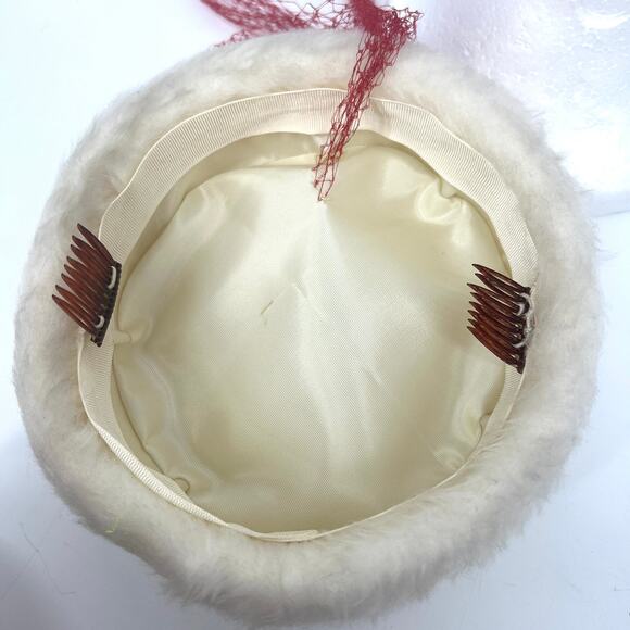 Vintage 60s Cream Faux Fur Pillbox Fascinator Ladies Hat with Net - Picture 3 of 5